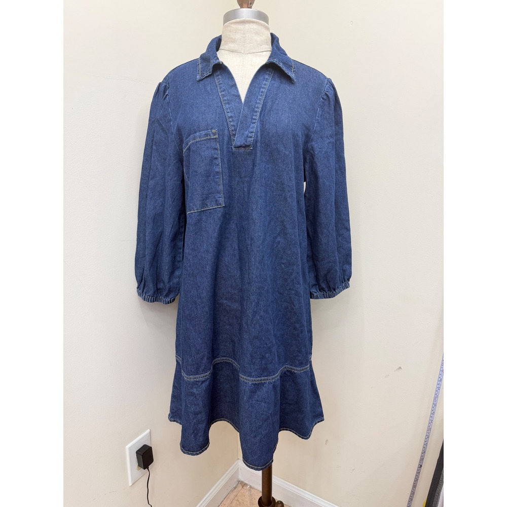Dokotoo Denim Shift Dress Women Size L New Blue V-Neck Puff Sleeve Ruffle Hem